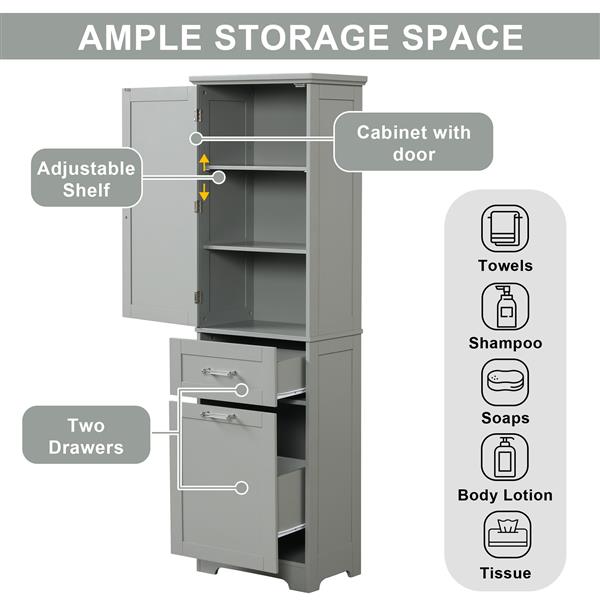 Tall Bathroom Storage Cabinet,  Storage Cabinet with Two Different Size Drawers and Adjustable Shelf, MDF Board with Painted Finish, Grey