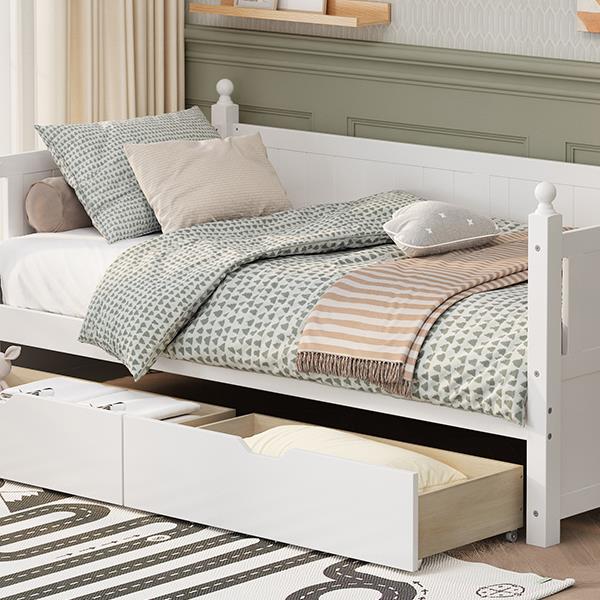 Twin Size Solid Wood Daybed with 2 drawers for Limited Space Kids, Teens, Adults, No Need Box Spring, White