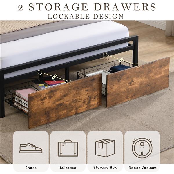 Full Size Bed Frame with Storage Headboard and 2 Drawers, LED Lights Bed with Charging Station, Metal Platform Bed No Noise, Mattress Foundation Strong Metal Slats Support No Box Spring Needed