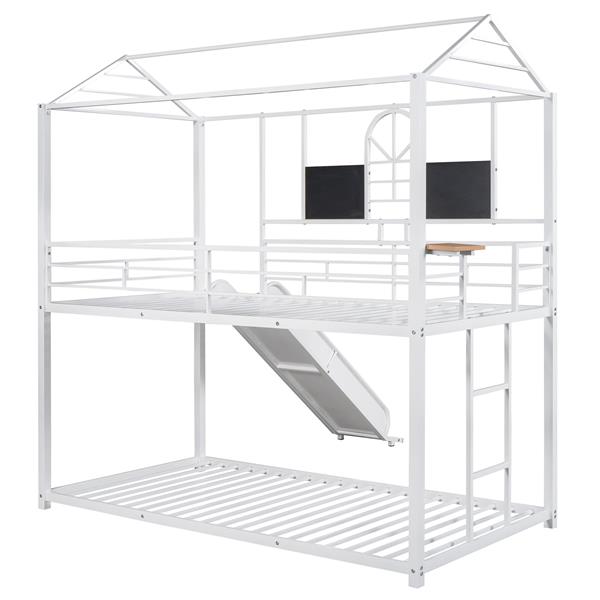 Twin Over Twin Metal Bunk Bed ,Metal Housebed With Slide,Three Colors Available.(White with White  Slide)