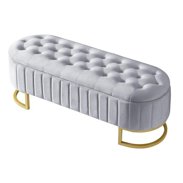 Elegant Upholstered Velvet Storage Ottoman with Button-Tufted,Storage Bench with Metal Legs for Bedroom,Living Room,Fully Assembled Except Legs,Grey