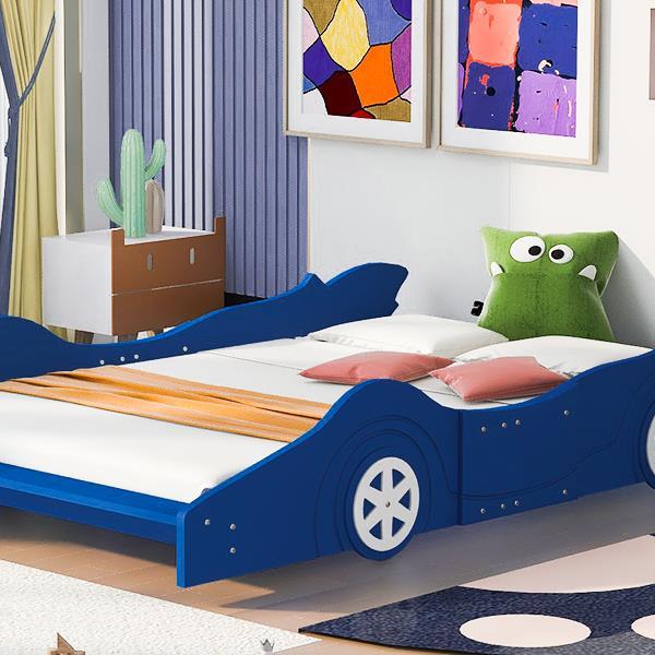 Full Size Race Car-Shaped Platform Bed with Wheels,Blue