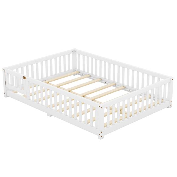 Full Size Bed Floor Bed with Safety Guardrails and Door for Kids, White