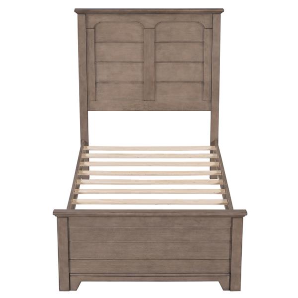 Farmhouse Wooden Platform Twin Size Bed with Panel Design Headboard and Footboard for Teenager, Ash Brown