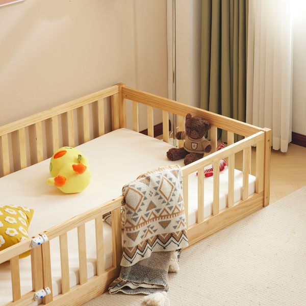 Fence bed with door and decking, natural wood color, painted surface, pine wood, twin children's bed