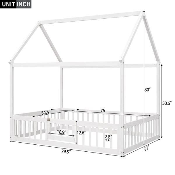 Full Size Wood House Bed with Fence and Door, White Wash