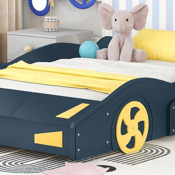 Full Size Race Car-Shaped Platform Bed with Wheels and Storage, Dark Blue+Yellow