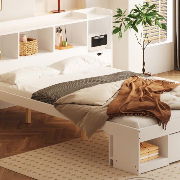 Queen Size Wood Platform Bed with Multi-storage Headboard and a Drawer, White(Expected Arrival Time: 6.16)