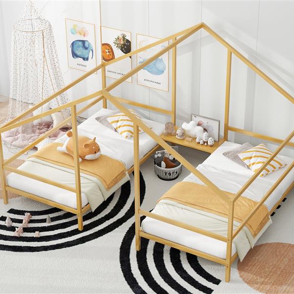 Metal Double Twin Size Triangular House Beds with Built-in Table, Gold