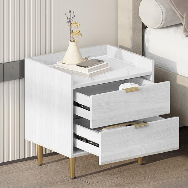 Wooden Nightstand with 2 Drawers and Marbling Worktop, Mordern Wood Bedside Table with Metal Legs&Handles,White