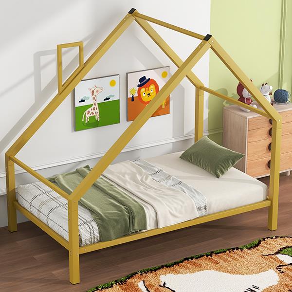 Twin Size Metal House Platform Bed with Roof and Chimney, Gold