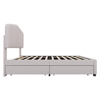 Full Size Upholstered Bed with 4 Storage Drawers,Wood Slat Support, Beige