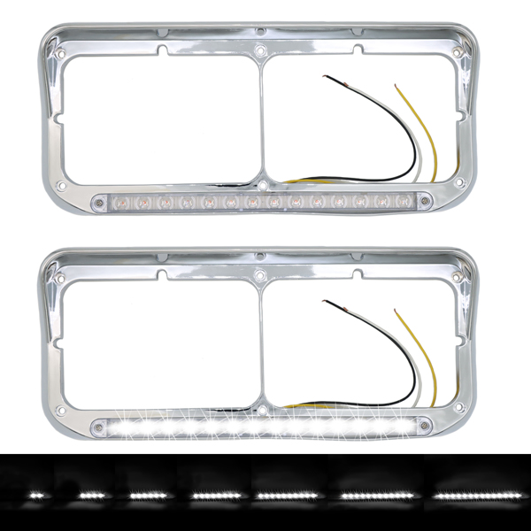 Dual Rectangular 2X for 4x6 Light Headlight Bezel with 12" Amber LED Light Strip for Kenworth T400 T600 T800 W900B W900L Peterbilt 378 379 Western Star 4900 Trucks (Clear Lens/White LED)