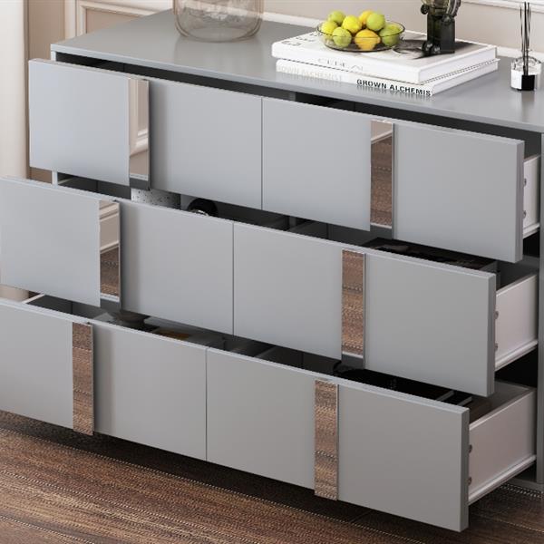 Elegant Modern Dresser with Metal Handle,Mirrored Storage Cabinet with 6 Drawers for Bedroom,Living Room,Grey