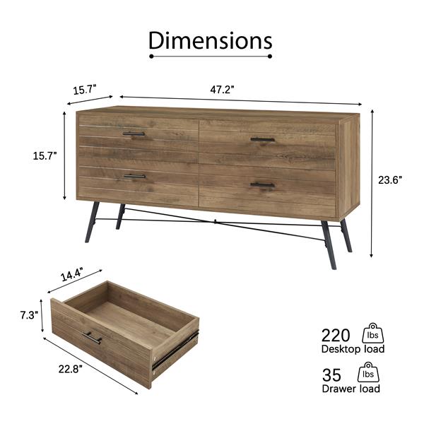 4-Drawer Chest, 4 Drawer Dresser TV Stand for TV, Dressers Bedroom Furniture Large Storage Tower Unit, Dresser for Bedroom, Closet Living Room, Hallway, 47.2"W x 15.7"D x 23.6"H, Rustic Walnut