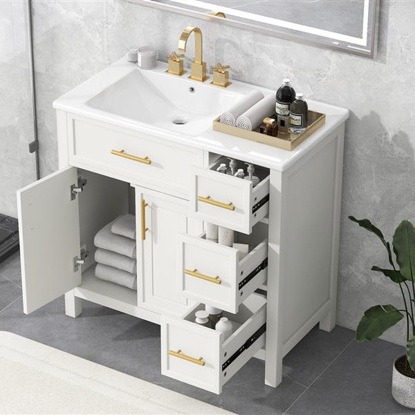 36" Bathroom Vanity with Sink Top, Bathroom Vanity Cabinet with Two Doors and Three Drawers, Solid Wood , MDF Boards ,One Package, Off White