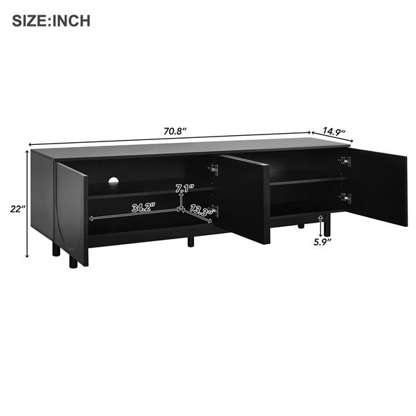 Graceful TV Stand with Arch Cabinets for TVs Up to 78'', Minimalist Entertainment Center with Solid Wood Legs, Practical Media Console with Adjustable Shelves for Living Room, Black