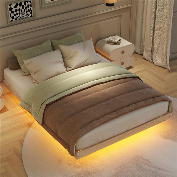 Full Size Floating Bed with LED Lights Underneath,Modern Full Size Low Profile Platform Bed with LED Lights,Natural