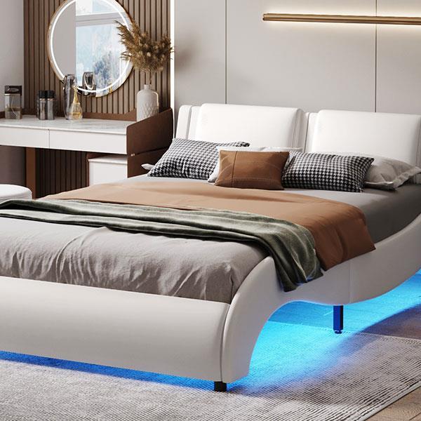 Full Size Upholstered Faux Leather Platform Bed with LED Light Bed Frame with Slatted - White