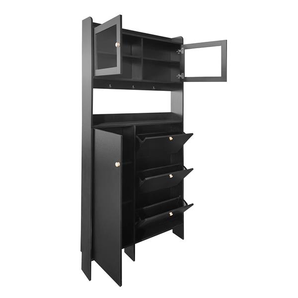 [VIDEO provided] Shoe Cabinet with Open Storage Space, Practical Hall Tree with 3 Flip Drawers, Multi-functional & Integrated Foyer Cabinet with Tempered Glass Doors for Hallway, Black