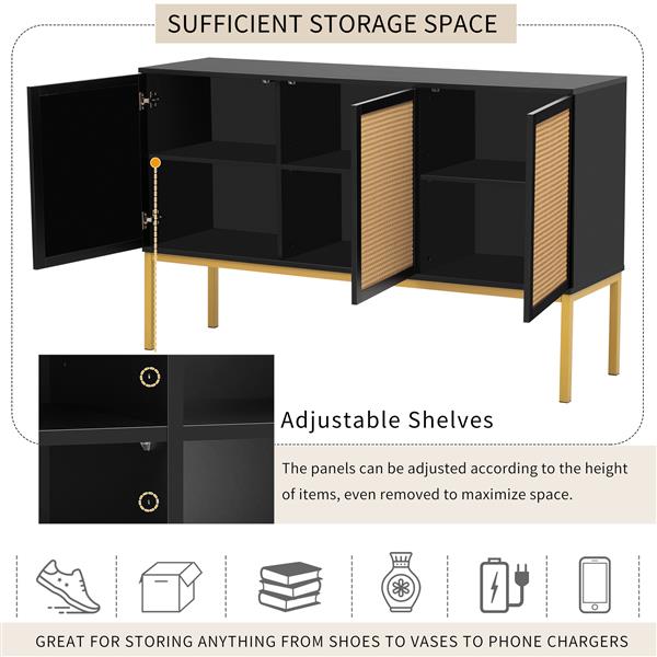 Large Storage Space Sideboard with Artificial Rattan Door and Rebound Device for Living Room and Entryway (Black)