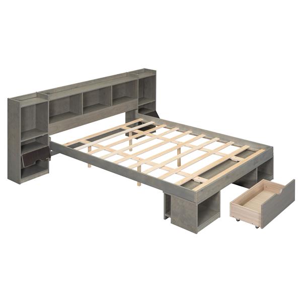 Queen Size Wood Platform Bed with Multi-storage Headboard and a Drawer, Gray