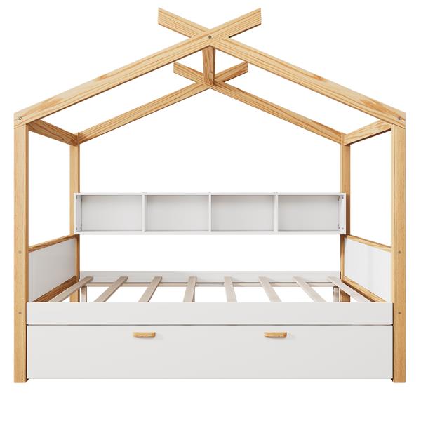 White Full Size Wooden House Bed Original Wood Colored Frame with Two Drawers and Bookshelf Storage Space for Children or Guest Room