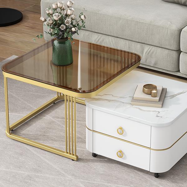 2-in-1 Square Nesting Coffee Table with Wheels & Drawers, Stackable Side Table with High Gloss Marble Grain Top, End Table Set with Brown Tempered Glass for Living Room, White