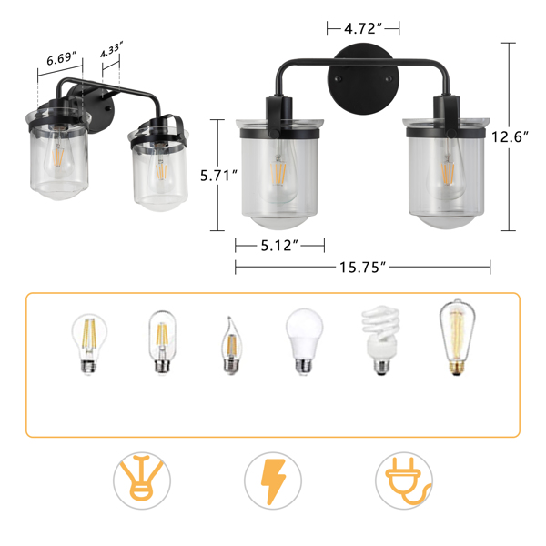 ll Sconces Set of 2 with Clear Glass Shade,Modern ll Sconce, Industrial Indoor ll Light Fixture for Bathroom Living Room Bedroom Over Kitchen Sink,E26 Socket, Bulbs Not Included[Unable to ship on week