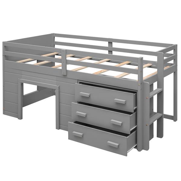 Twin Size Loft Bed with Cabinet and Shelf - Gray