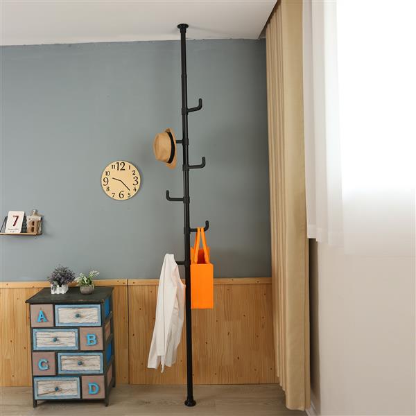 Adjustable Laundry Pole Clothes Drying Rack Coat Hanger DIY Floor to Ceiling Tension Rod Storage Organizer for Indoor, Balcony - Black