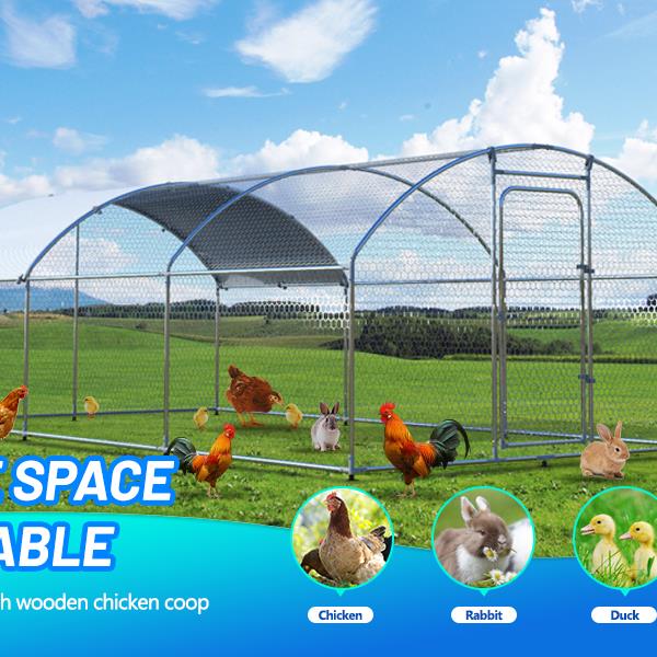 Metal Large Chicken Coop Walk-in Poultry Cage Large Chicken Run Arc Shaped Cage with Waterproof Anti-UltravioletCover, 1.00" Diameter Tube (19.6' L x 9.8' W x 6.5' H)