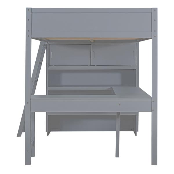 Full Size Loft Bed with Desk and Shelf - Gray