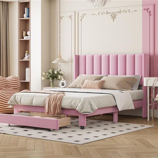 Full Size Storage Bed Velvet Upholstered Platform Bed with a Big Drawer - Pink