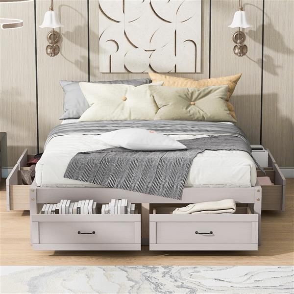 Queen Size Platform Bed with 6 Storage Drawers,Antique White