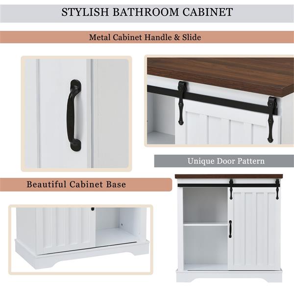 Bathroom Storage Cabinet, Freestanding Cabinet, Sliding Barn Door, Thick Top, Adjustable Shelf, White and Brown