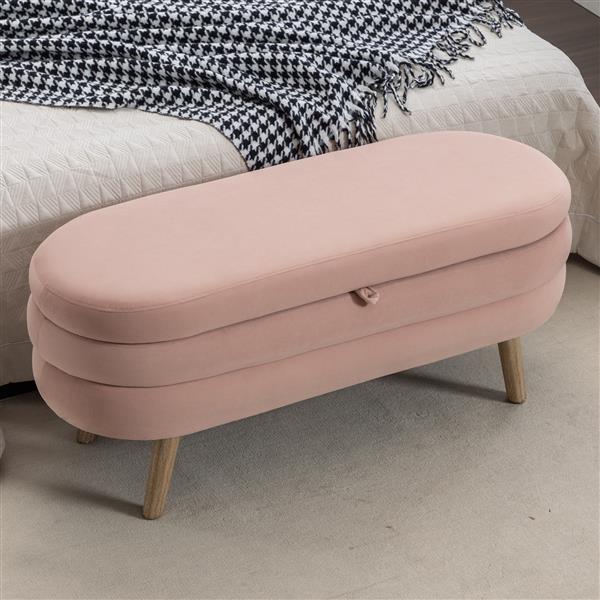 036-Velvet Fabric Storage Bench Bedroom Bench With Wood Legs For Living Room Bedroom Indoor,Light Pink