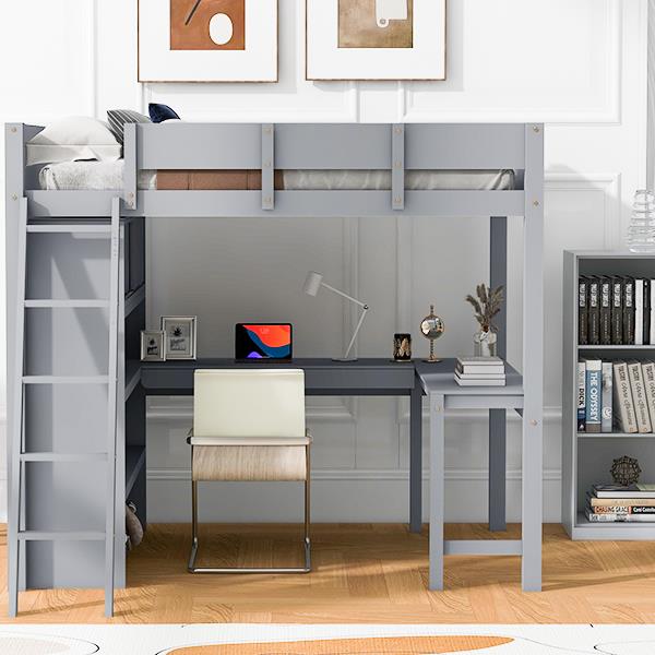 Full Size Loft Bed with Desk and Shelf - Gray