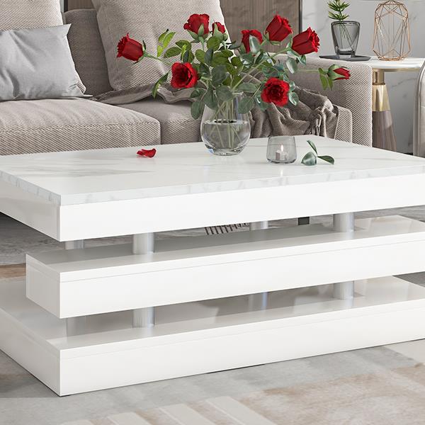 [VIDEO provided] Modern 2-Tier Coffee Table with Silver Metal Legs, Rectangle Cocktail Table with High-gloss UV Surface, Minimalist Design Center Table for Living Room, White