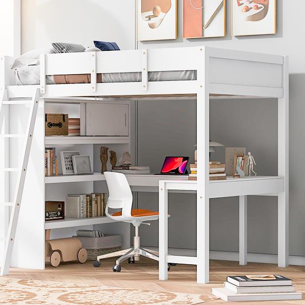 Full Size Loft Bed with Desk and Shelf - White