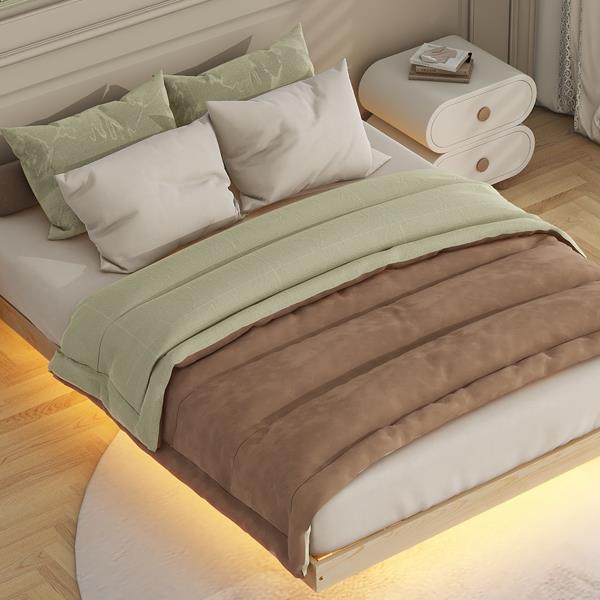 Full Size Floating Bed with LED Lights Underneath,Modern Full Size Low Profile Platform Bed with LED Lights,Natural