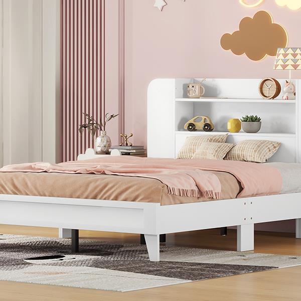 Full Size Platform Bed with Storage Headboard,Multiple Storage Shelves on Both Sides,White