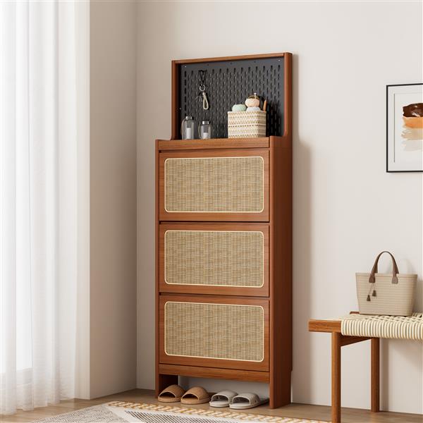 Rattan Shoe Cabinet for Entryway, Free Standing Shoe Rack with 3 Flip Drawers & Black Pegboard, Hidden Narrow Shoe Cabinet for Entrance Hallway, 24.88"W x 7.88" D x 65"H