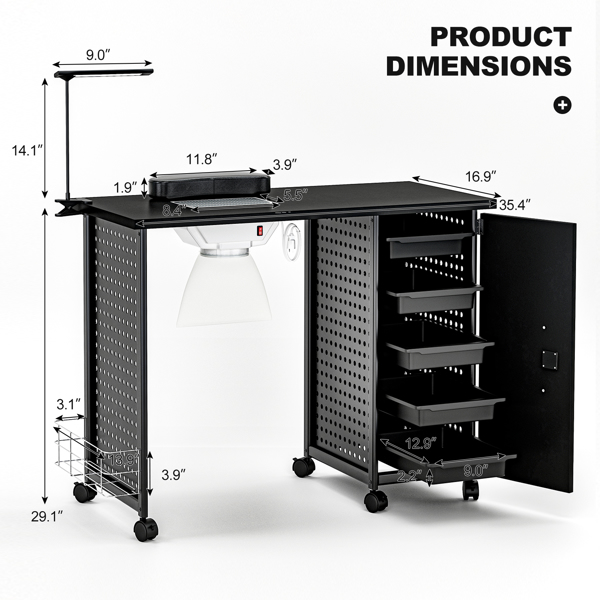 Nail Desk Nail Table Workstation with Removable Drawers，Lockable Wheels, Fan Dust Collector,Lamp,Wrist rest Black