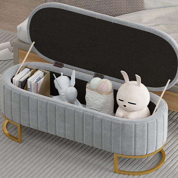 Elegant Upholstered Velvet Storage Ottoman with Button-Tufted,Storage Bench with Metal Legs for Bedroom,Living Room,Fully Assembled Except Legs,Grey