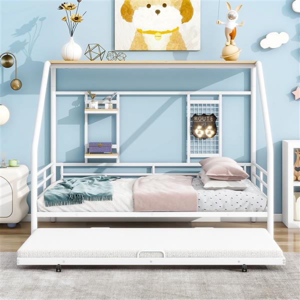 Full Size Metal House Bed with Trundle, White