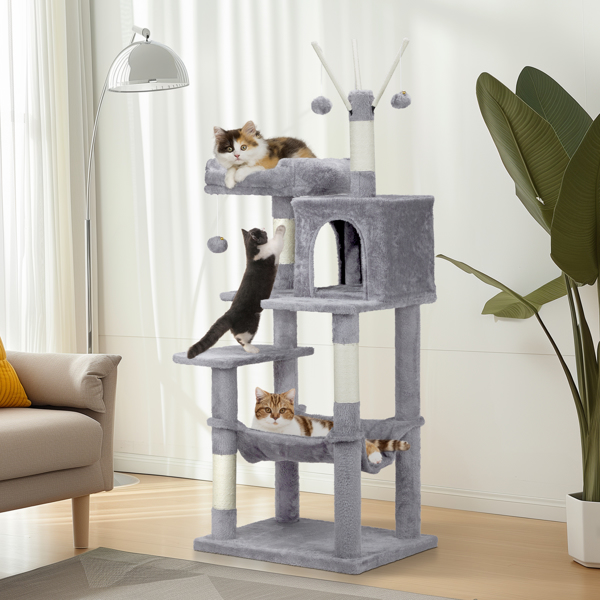 57 inch Cat Tree Cat Tower for Indoor Cats, Cat House with Padded Platform Bed, Toy Balls, Large Cozy Condo and Sisal Scratching Posts, Light Grey