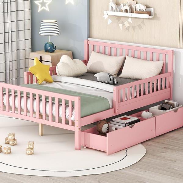 Full Size Wood Platform Bed with Guardrails on Both Sides and Two Storage Drawers ,Pink