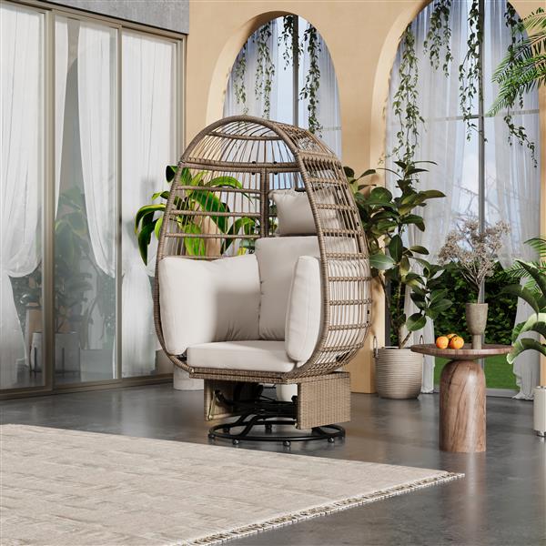 Outdoor Swivel Chair with Cushions, Rattan Egg Patio Chair with Rocking Function for Balcony, Poolside and Garden (Natural Wicker + Beige Cushion)