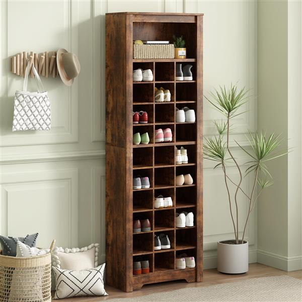 Stylish Design 30 Shoe Cubby Console, Contemporary Shoe Cabinet with Multiple Storage Capacity, Free Standing Tall Cabinet with Versatile Use for Hallway,  Bedroom, Rustic Brown